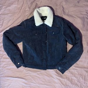 fashion nova sherpa corduroy dark blue jacket